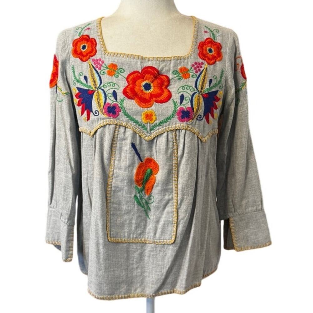 Sister Mary Embroidered Floral Peasant Top Gray Cotton XS Boho Folk Art